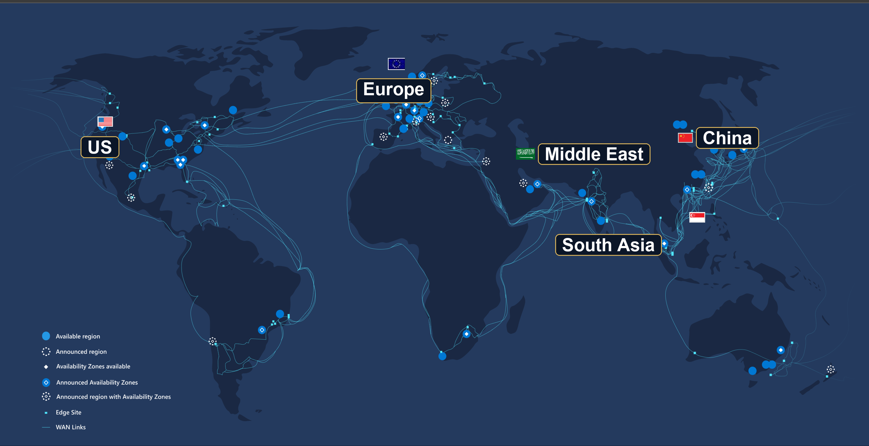 Global cloud network with data centres in Europe, US, South Asia, China and the Middle East